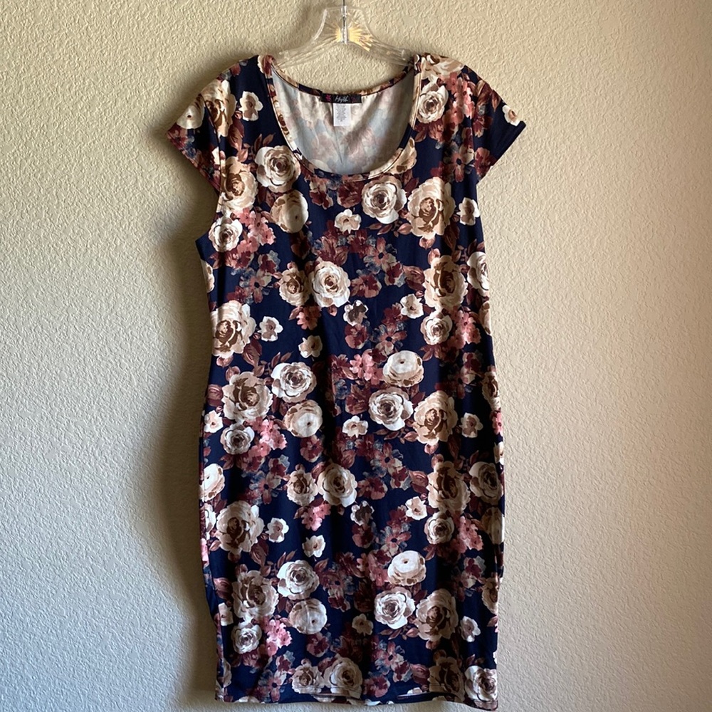 Floral flowers dress short sleeve casual multi color round neck